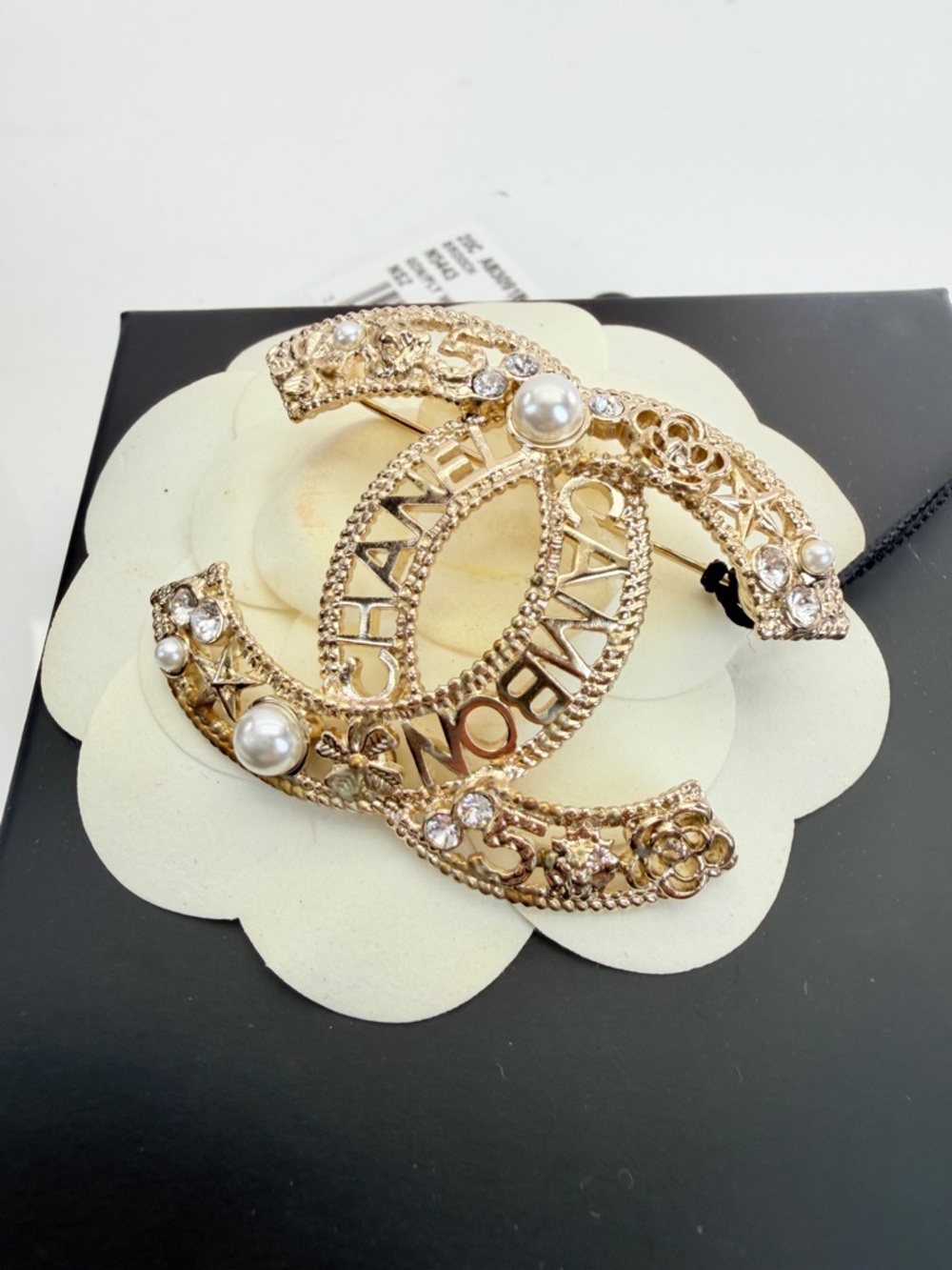 Chanel Crystal Pearl CC Charms Brooch Gold